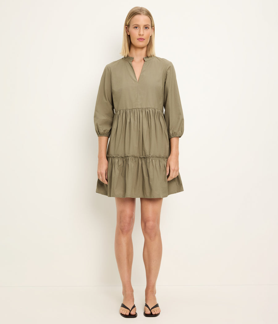 Moriah 3/4 Sleeve Tiered Dress in CAPER Green Full Body View #CAPER