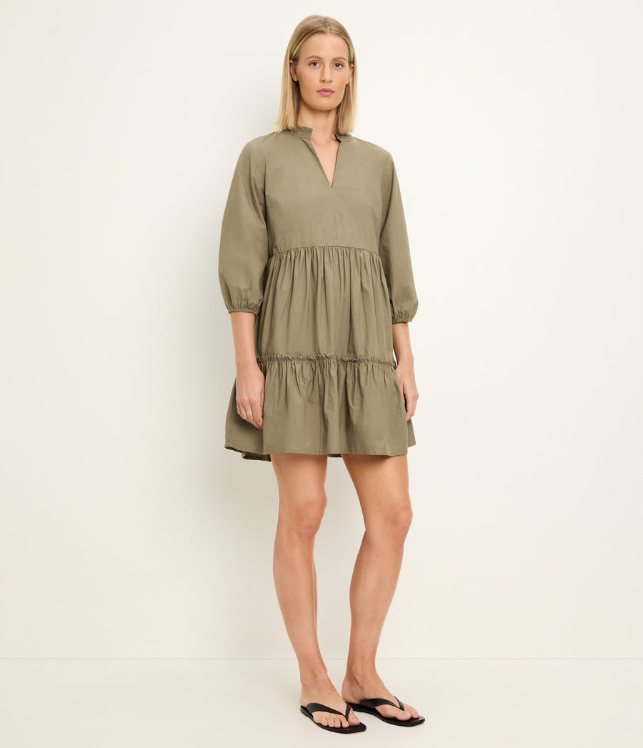 Moriah 3/4 Sleeve Tiered Dress in CAPER Green Full Body View #CAPER