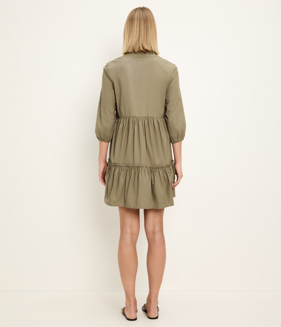 Moriah 3/4 Sleeve Tiered Dress in CAPER Green Back View #CAPER