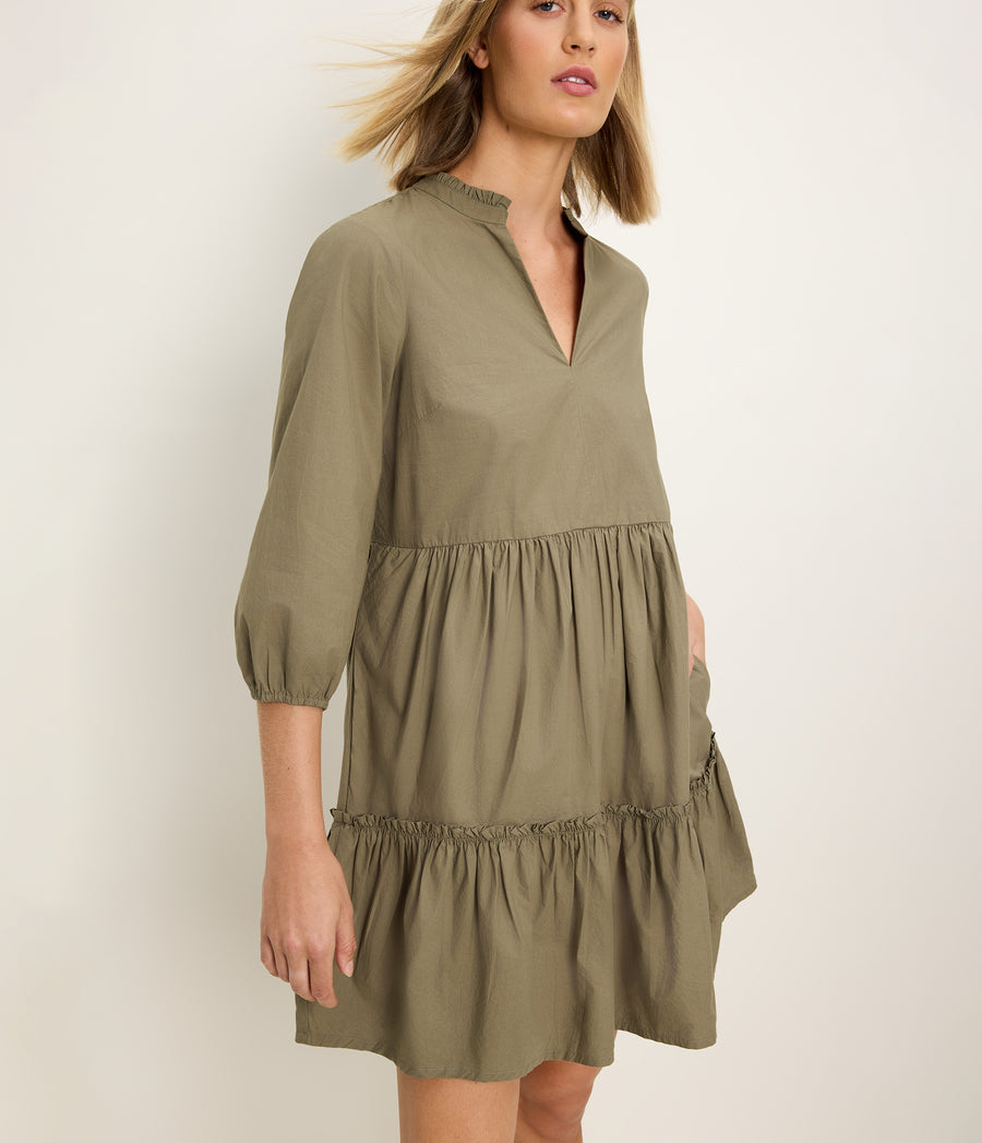 Moriah 3/4 Sleeve Tiered Dress in CAPER Green Close up View #CAPER