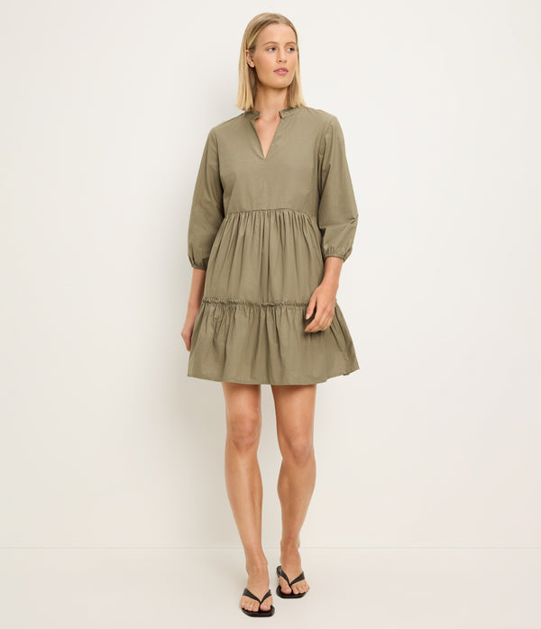 Moriah 3/4 Sleeve Tiered Dress in CAPER Green Full Body View #CAPER