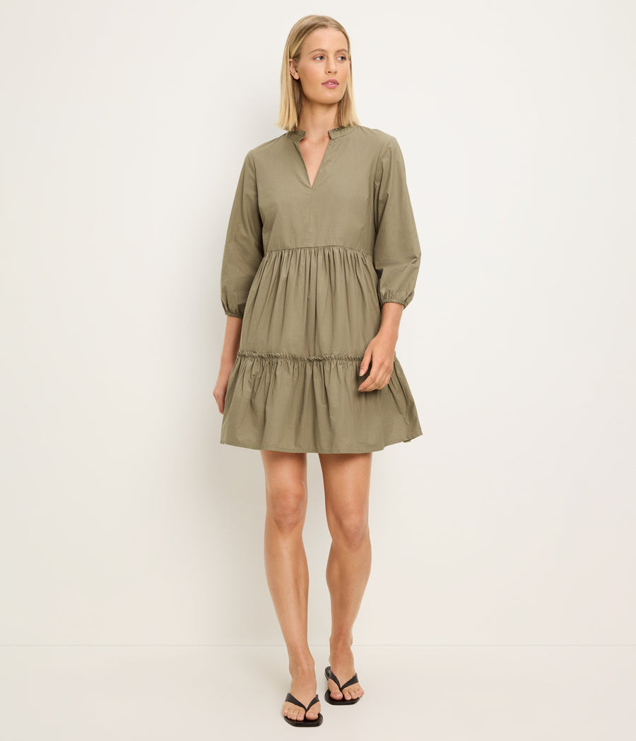 Moriah 3/4 Sleeve Tiered Dress in CAPER Green Full Body View #CAPER