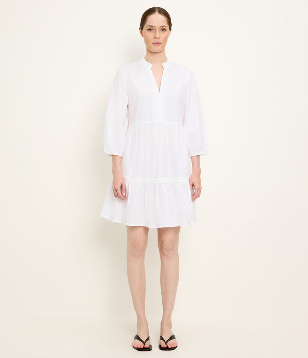 Moriah 3/4 Sleeve Tiered Dress in White Full Body View #WHITE