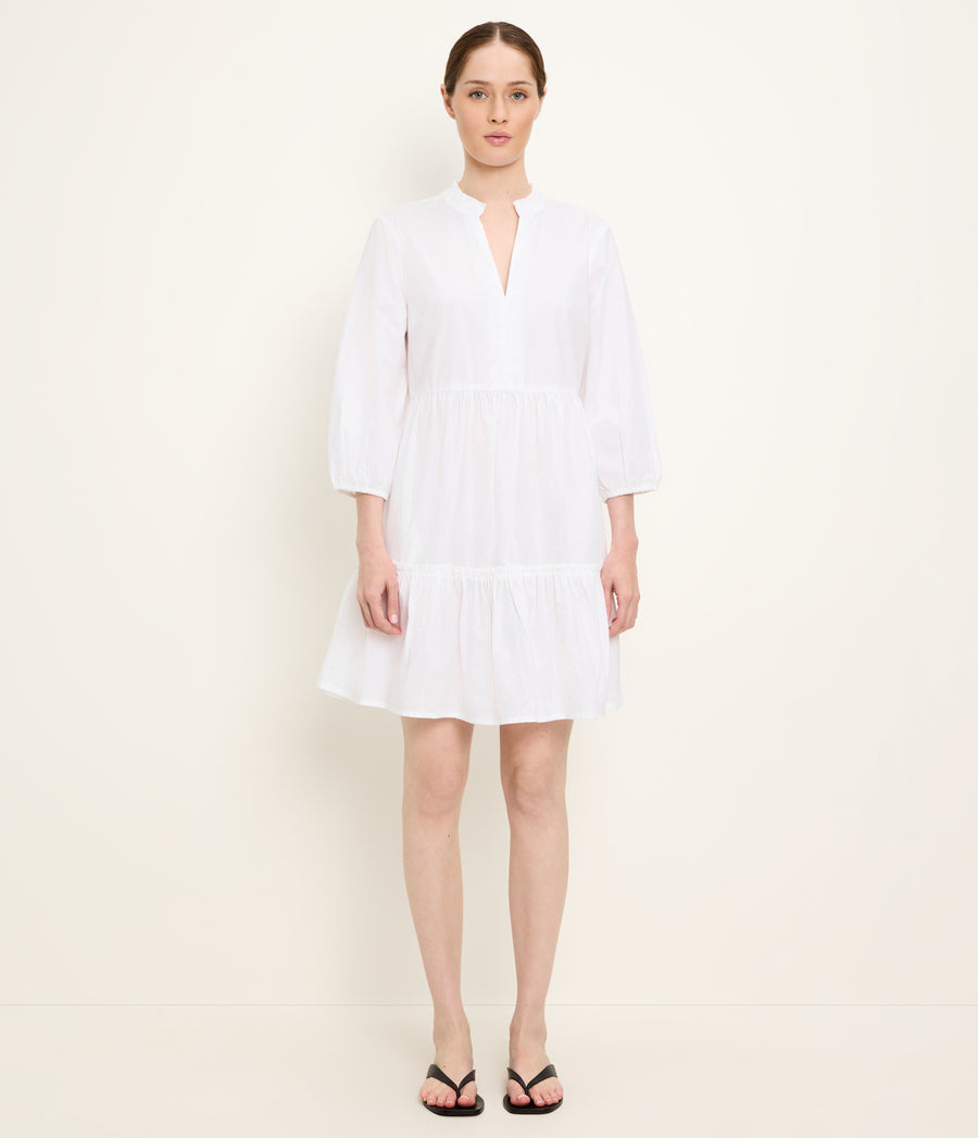 Moriah 3/4 Sleeve Tiered Dress in White Full Body View #WHITE