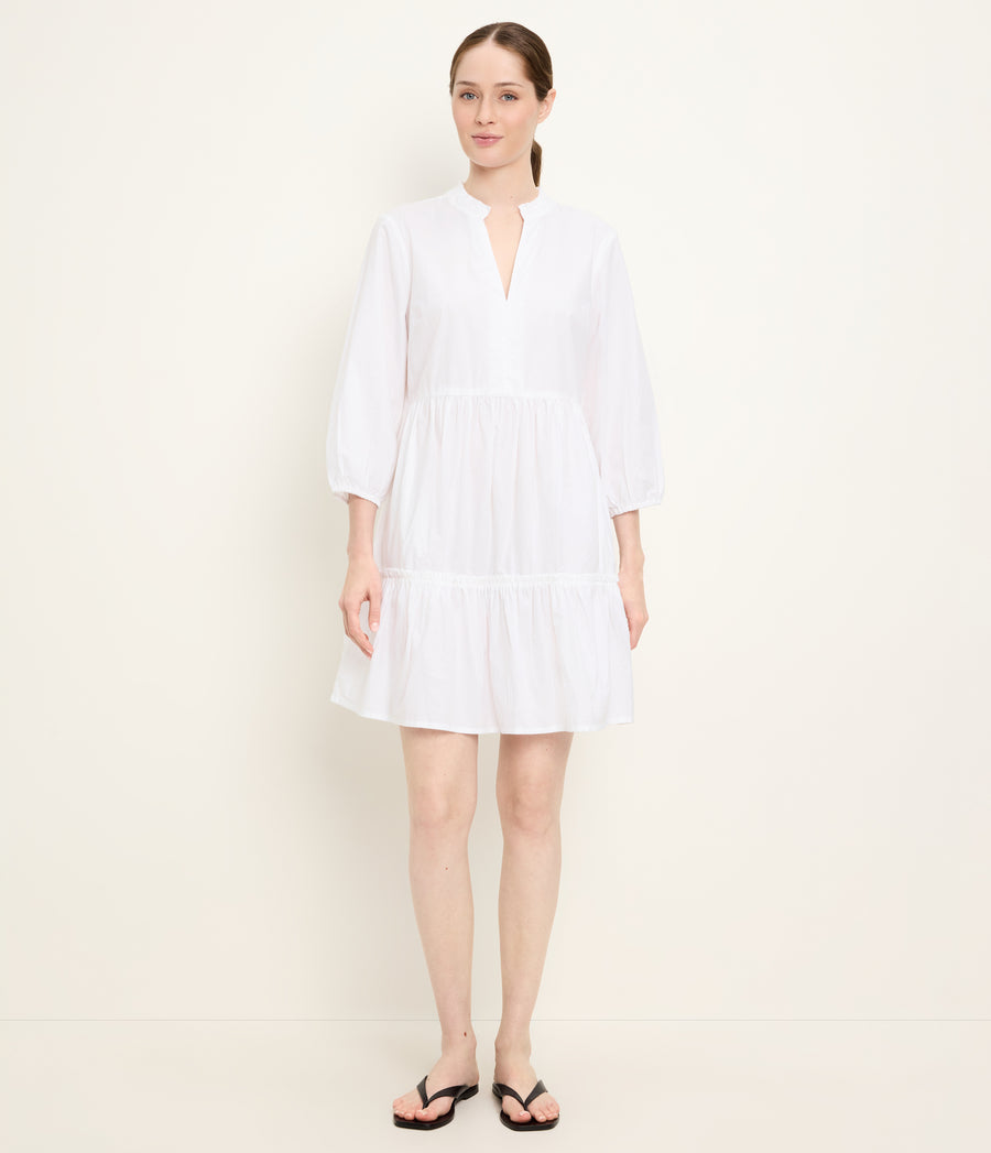 Moriah 3/4 Sleeve Tiered Dress in White Full Body View #WHITE