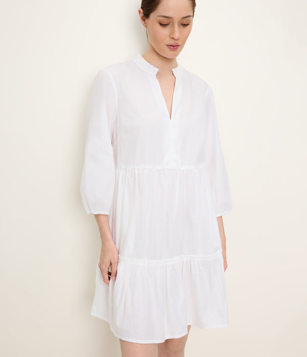 Moriah 3/4 Sleeve Tiered Dress in White Close up View #WHITE