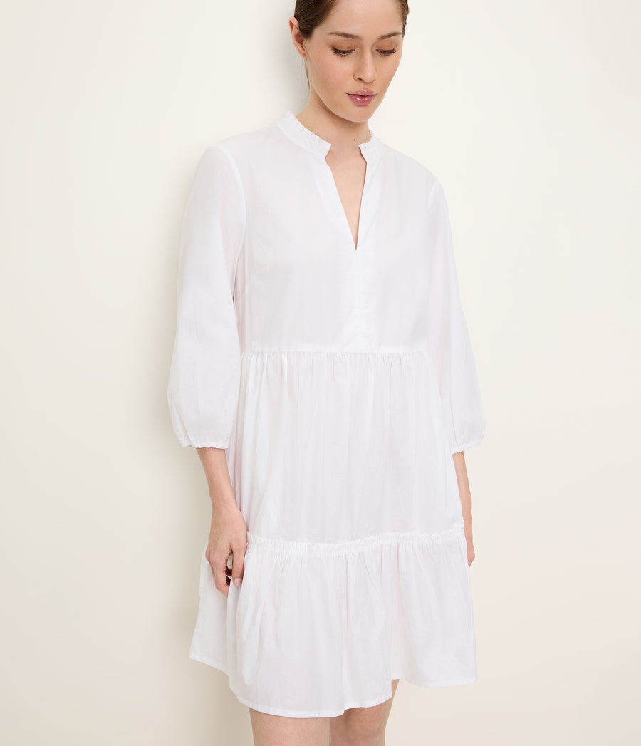 Moriah 3/4 Sleeve Tiered Dress in White Close up View #WHITE
