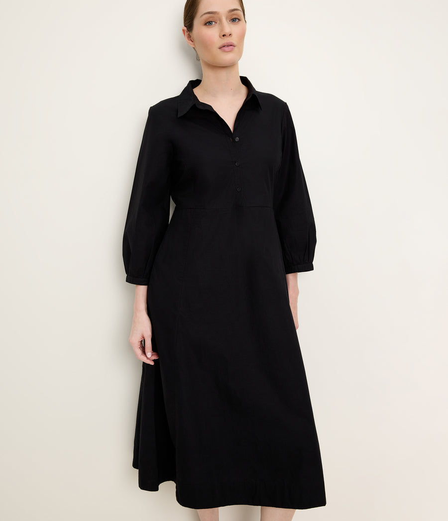 Theresa Shirt Dress in Black Close up View #BLACK