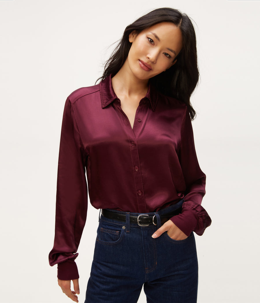 Meredith Satin Button Down Shirt in Beetroot Red Close Up View #BEETROOT