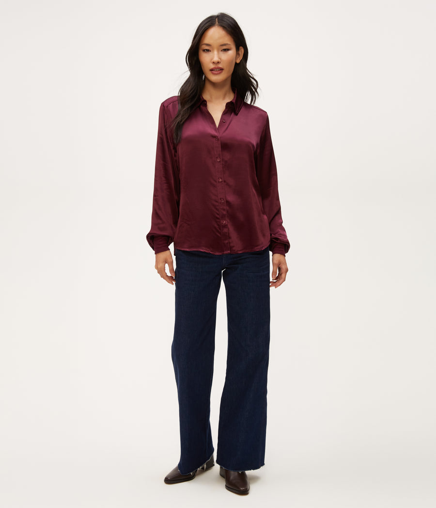 Meredith Satin Button Down Shirt in Beetroot Red Full Body View #BEETROOT