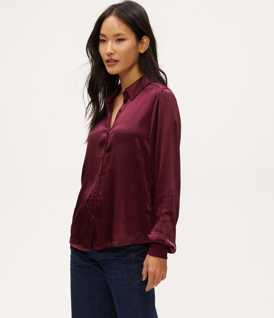 Meredith Satin Button Down Shirt in Beetroot Red Side View #BEETROOT
