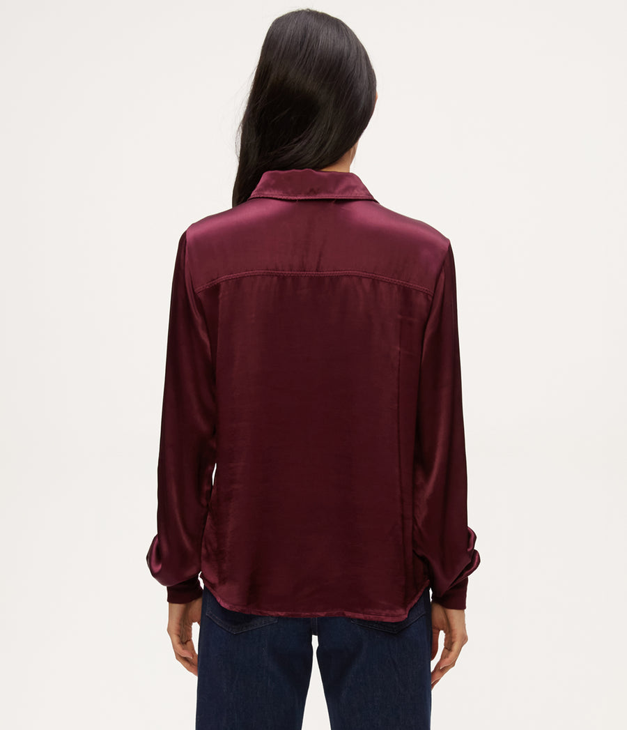 Meredith Satin Button Down Shirt in Beetroot Red Back View #BEETROOT