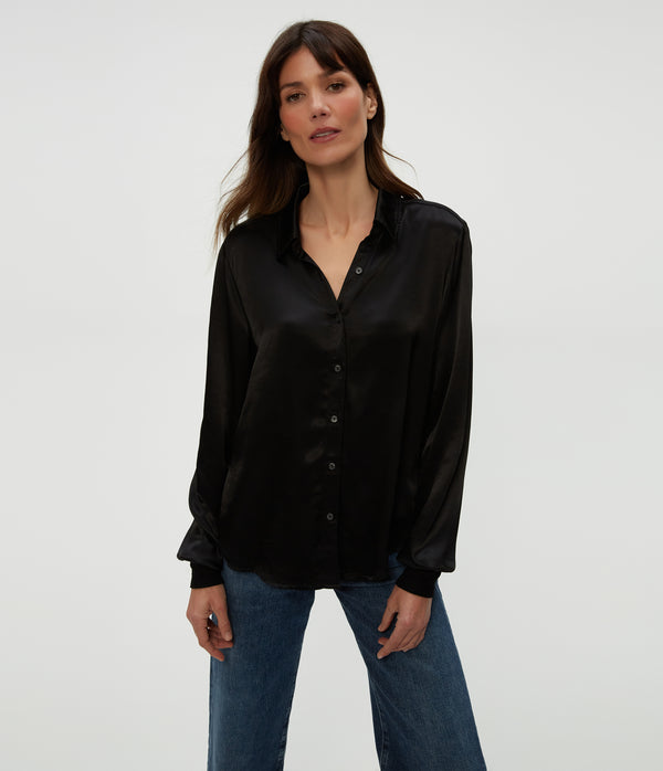 Meredith Satin Button Down Shirt in Black Close Up View #BLACK