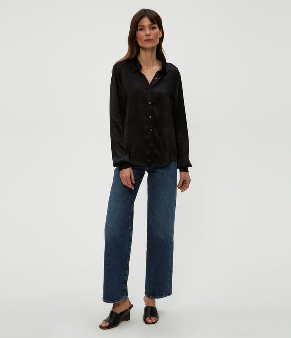 Meredith Satin Button Down Shirt in Black  Full Body View #BLACK