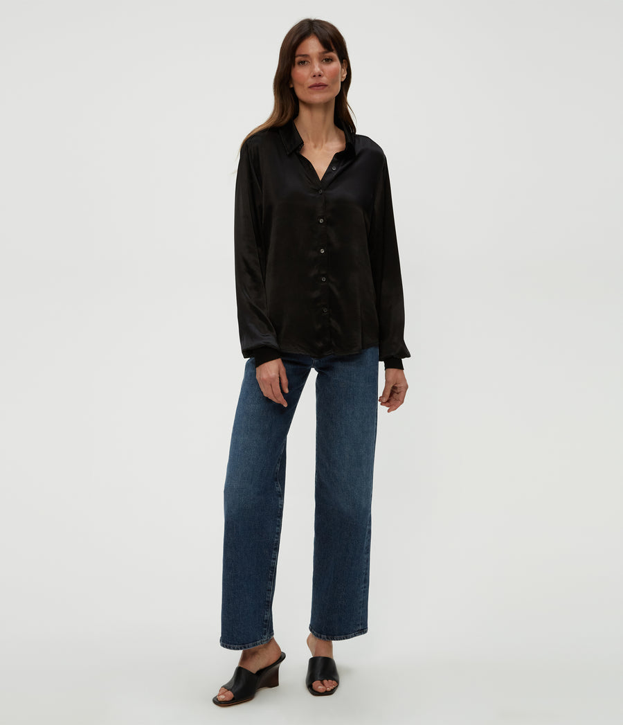 Meredith Satin Button Down Shirt in Black  Full Body View #BLACK
