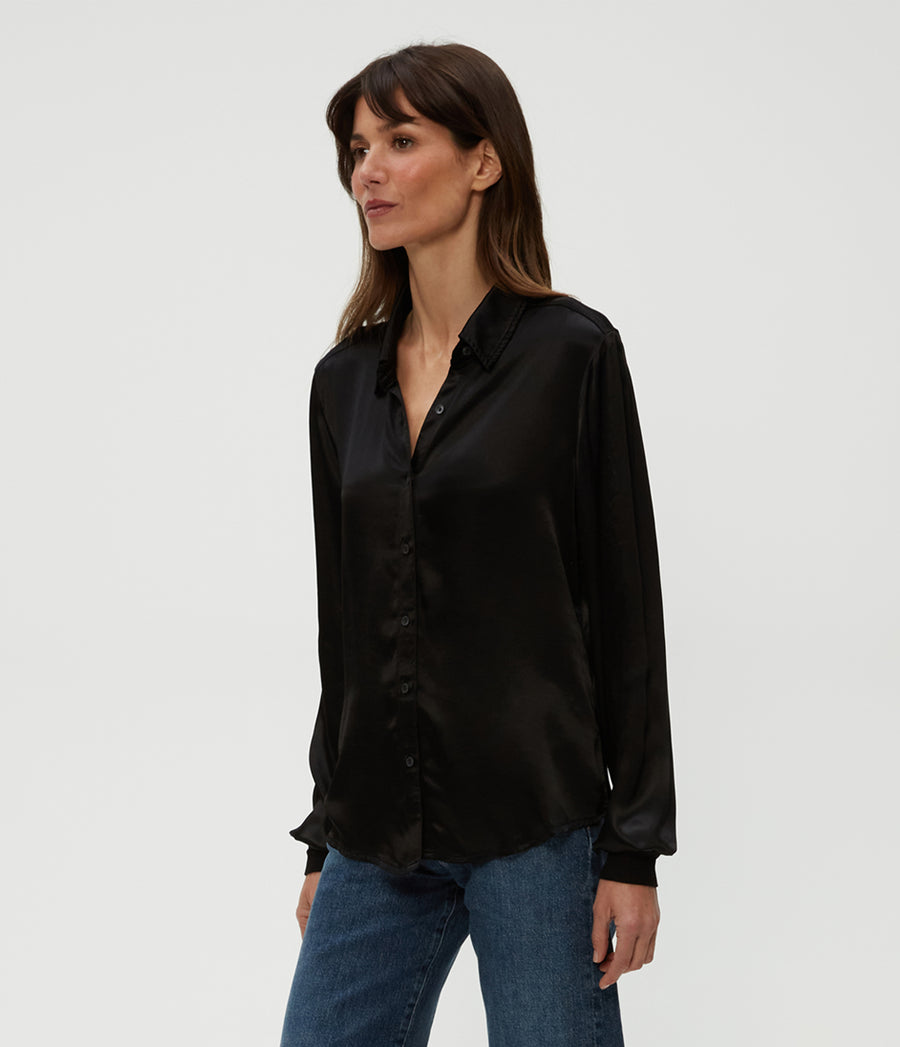 Meredith Satin Button Down Shirt in Black  Side View #BLACK