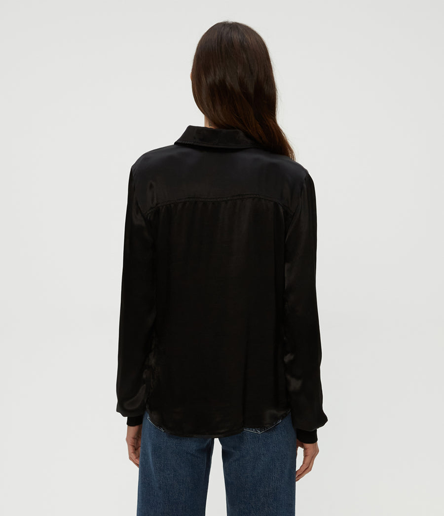 Meredith Satin Button Down Shirt in Black  Back View #BLACK