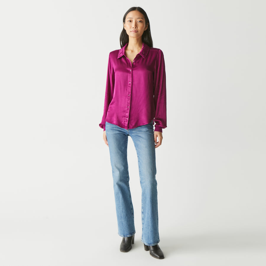 Meredith Satin Button Down Shirt in Berry Purple Full Body View #BERRY