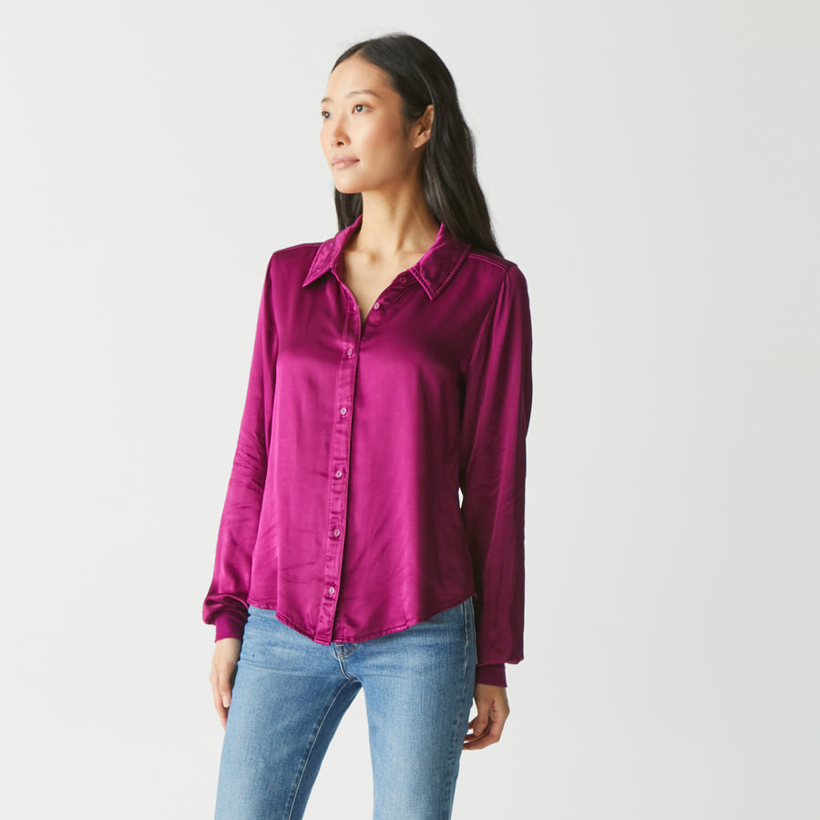 Meredith Satin Button Down Shirt in Berry Purple Side View #BERRY