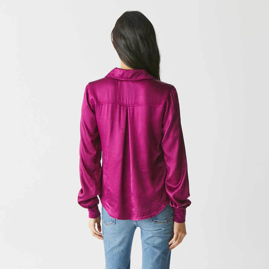 Meredith Satin Button Down Shirt in Berry Purple Back View #BERRY