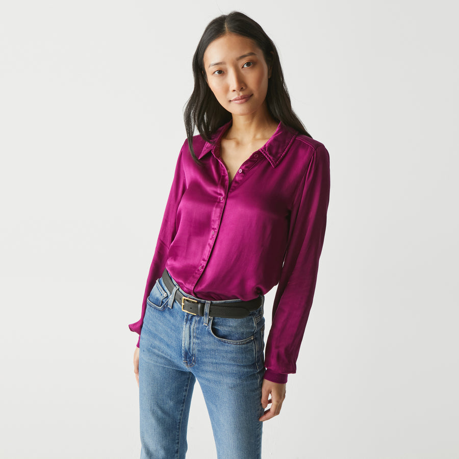 Meredith Satin Button Down Shirt in Berry Purple Close Up View #BERRY