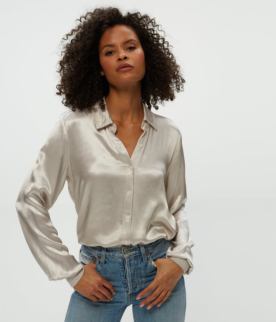 Meredith Satin Button Down Shirt in Cement  Close Up View #CEMENT
