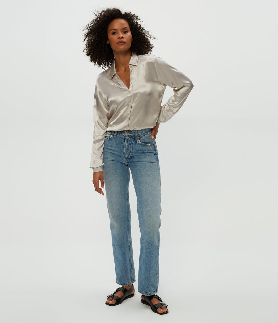 Meredith Satin Button Down Shirt in Cement  Full Body View #CEMENT
