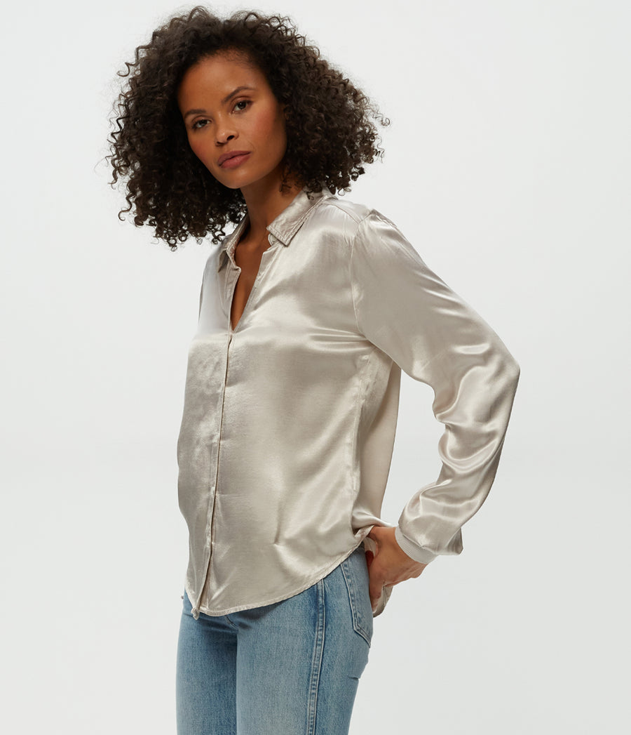 Meredith Satin Button Down Shirt in Cement  Side View #CEMENT