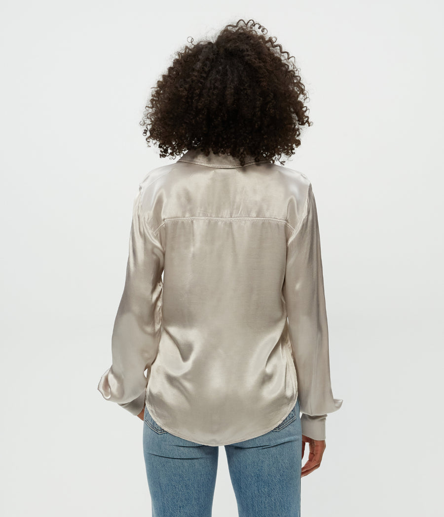 Meredith Satin Button Down Shirt in Cement  Back View #CEMENT