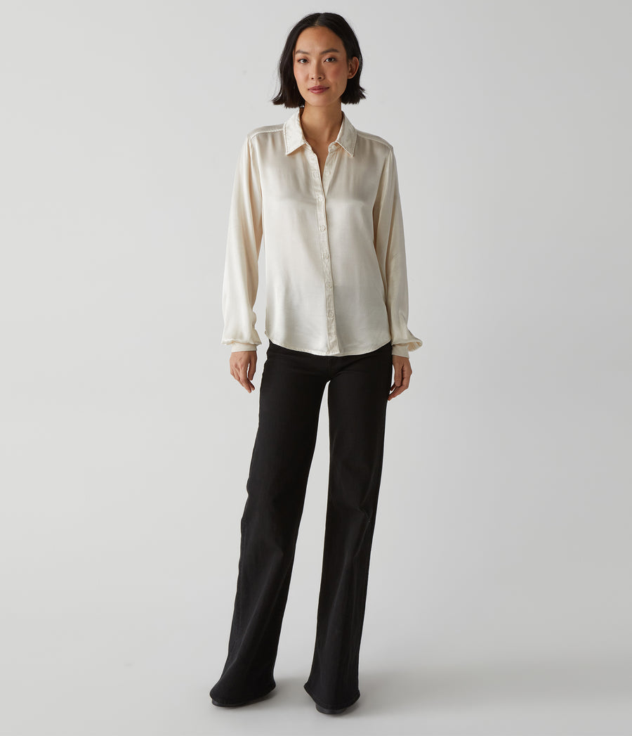 Meredith Satin Button Down Shirt in Chalk White Full Body View #CHALK