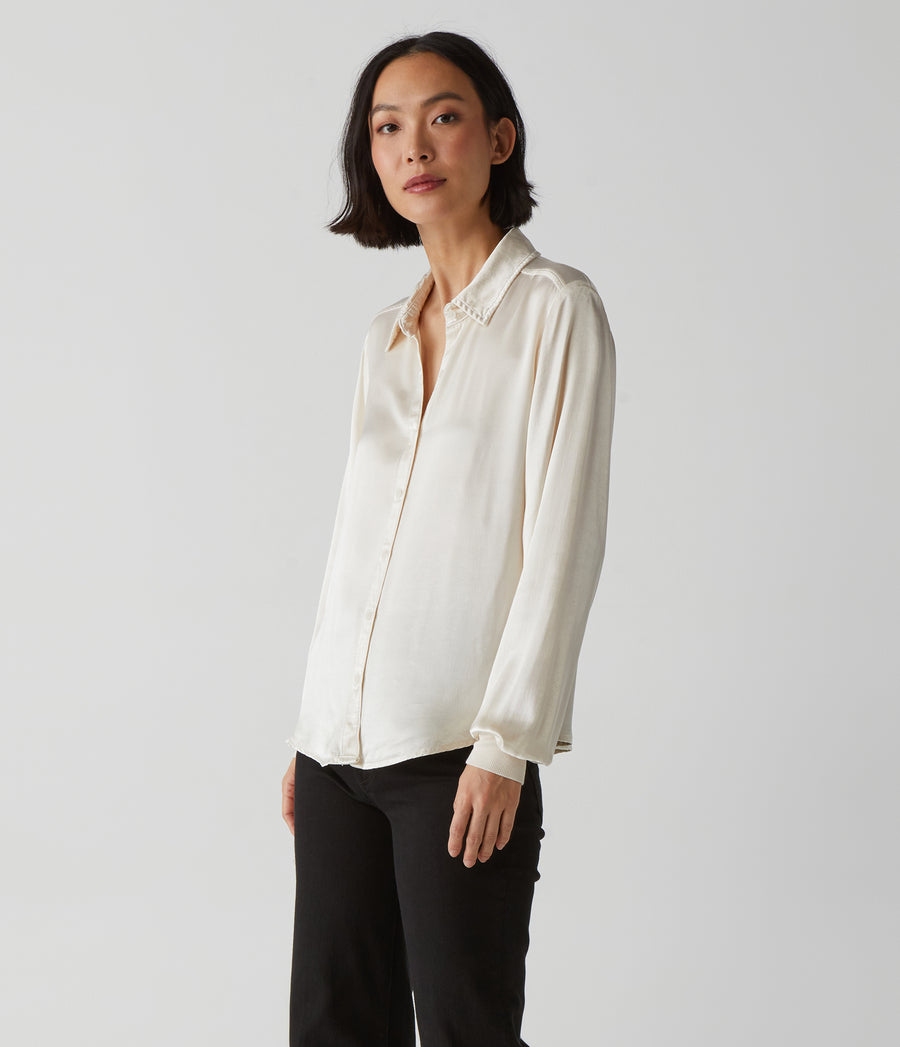 Meredith Satin Button Down Shirt in Chalk White Side View #CHALK