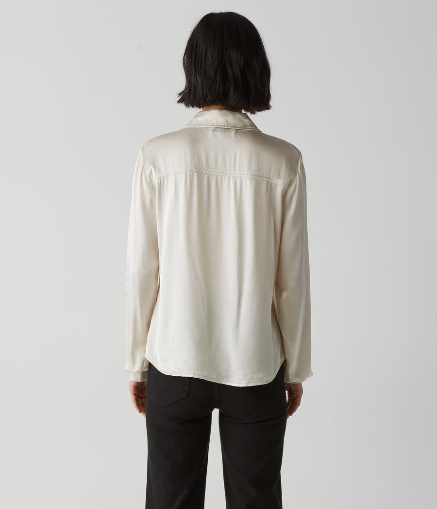 Meredith Satin Button Down Shirt in Chalk White Back View #CHALK