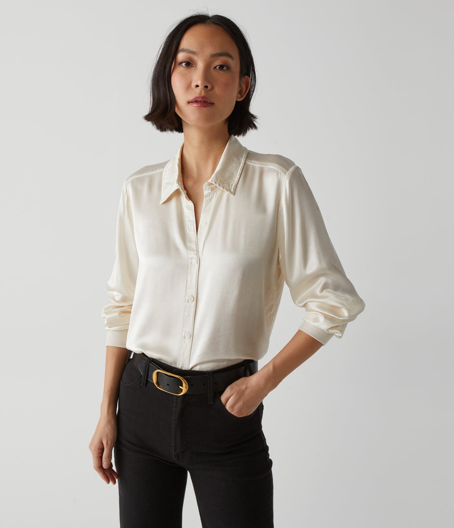 Meredith Satin Button Down Shirt in Chalk White Close Up View #CHALK