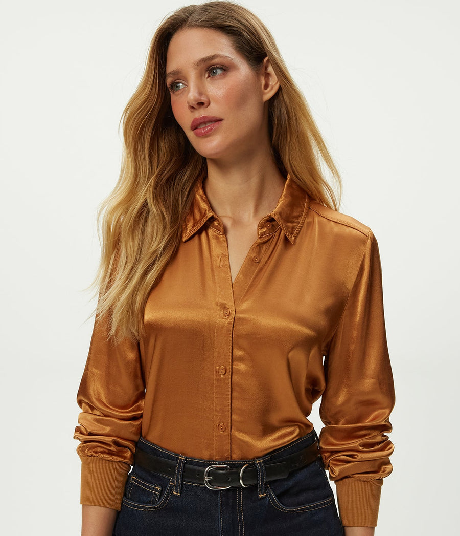Meredith Satin Button Down Shirt in Cumin Brown Close Up View #CUMIN