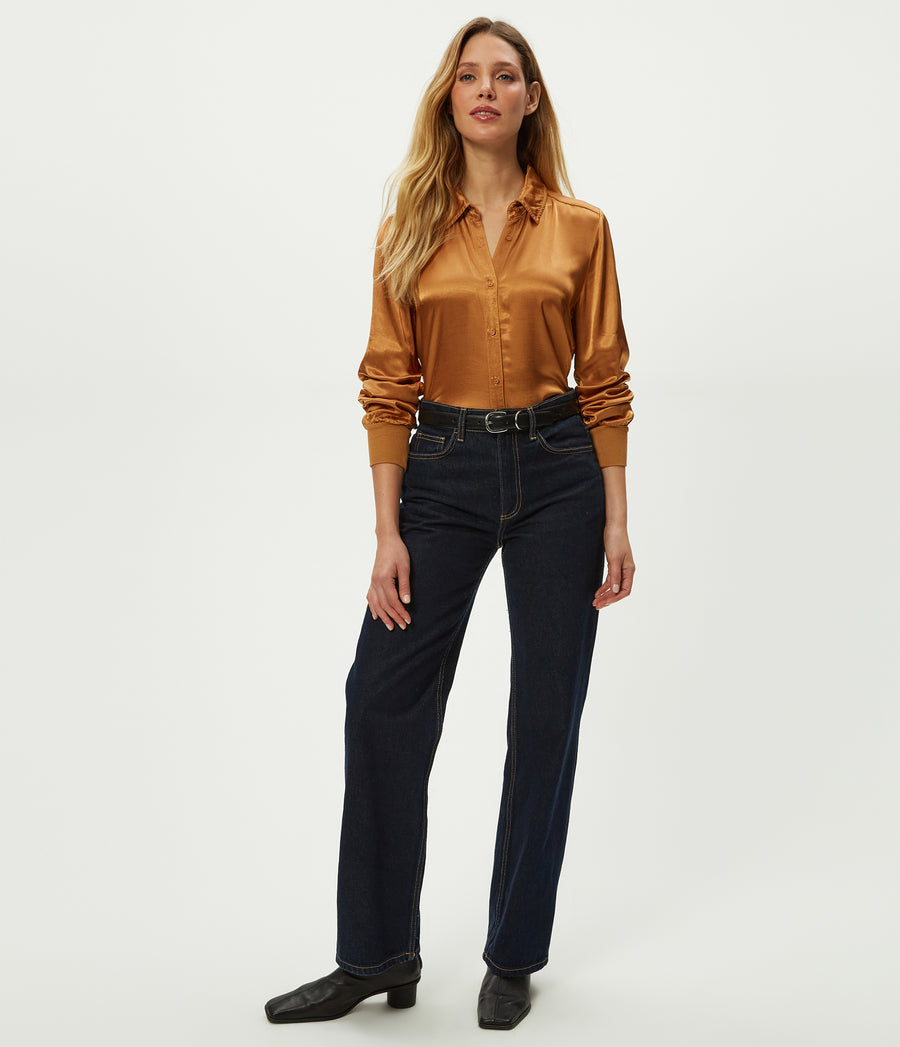 Meredith Satin Button Down Shirt in Cumin Brown Full Body View #CUMIN