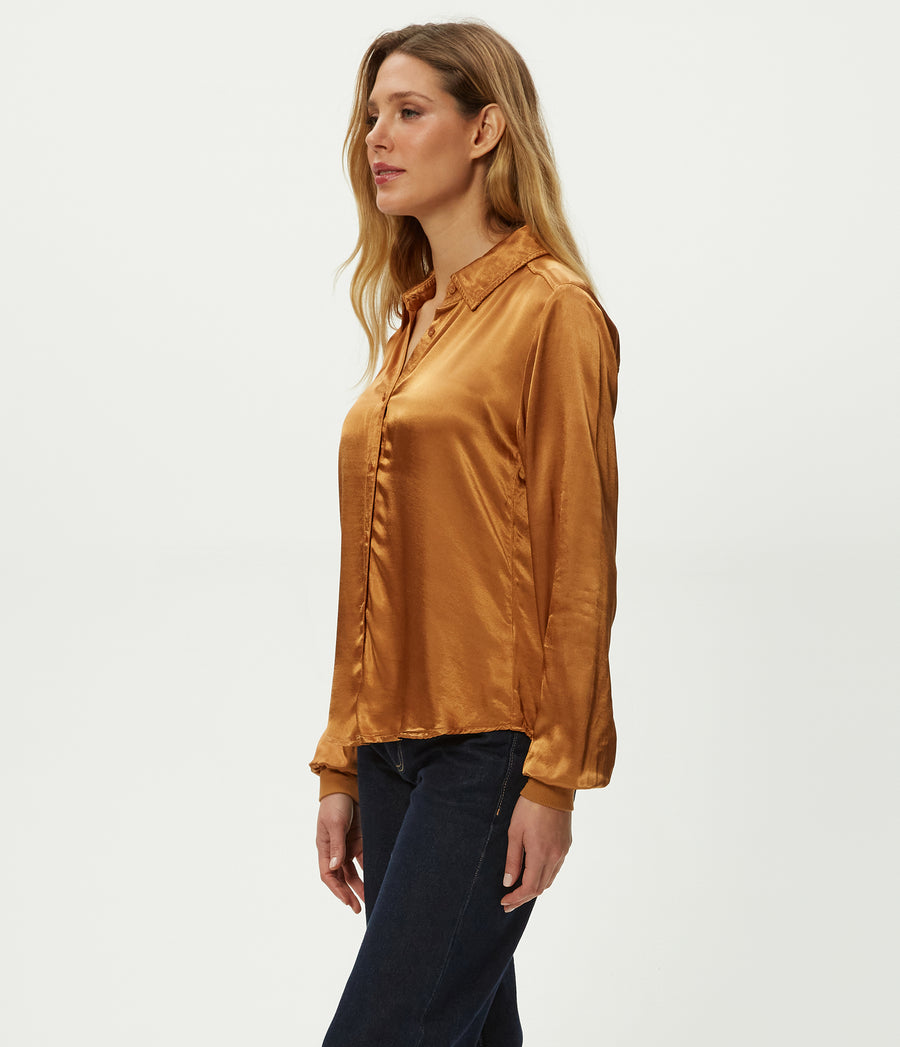 Meredith Satin Button Down Shirt in Cumin Brown Side View #CUMIN