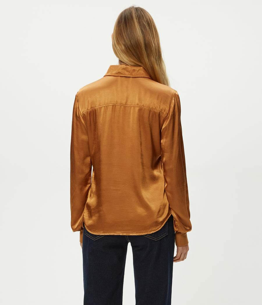 Meredith Satin Button Down Shirt in Cumin Brown Back View #CUMIN