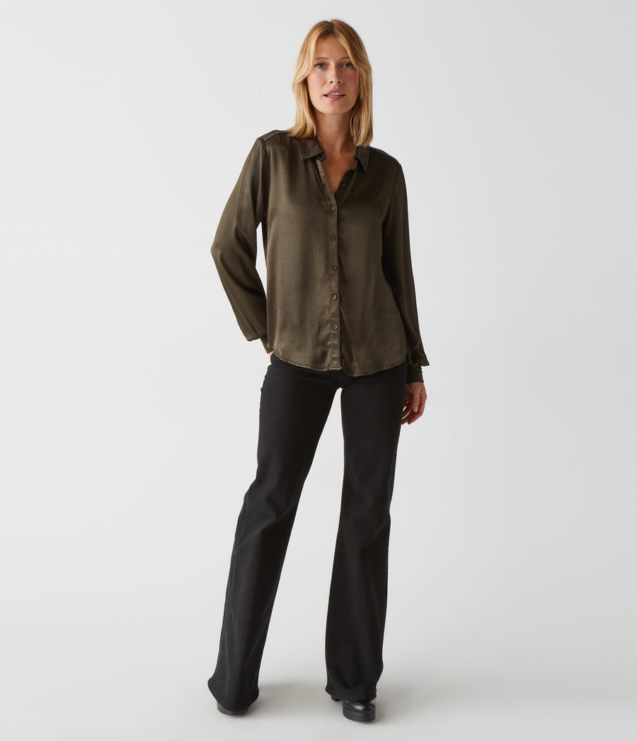 Meredith Satin Button Down Shirt in Dolma Green Full Body View #DOLMA