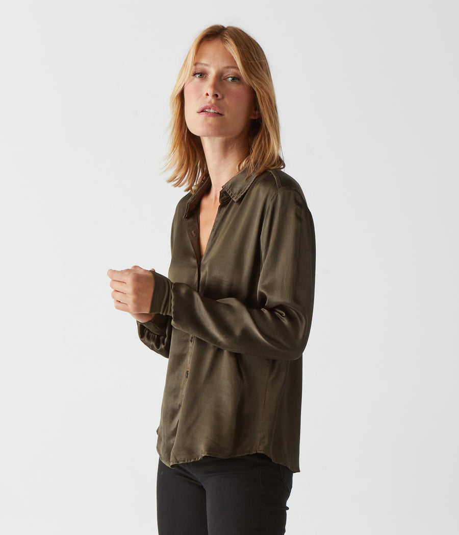 Meredith Satin Button Down Shirt in Dolma Green Side View #DOLMA