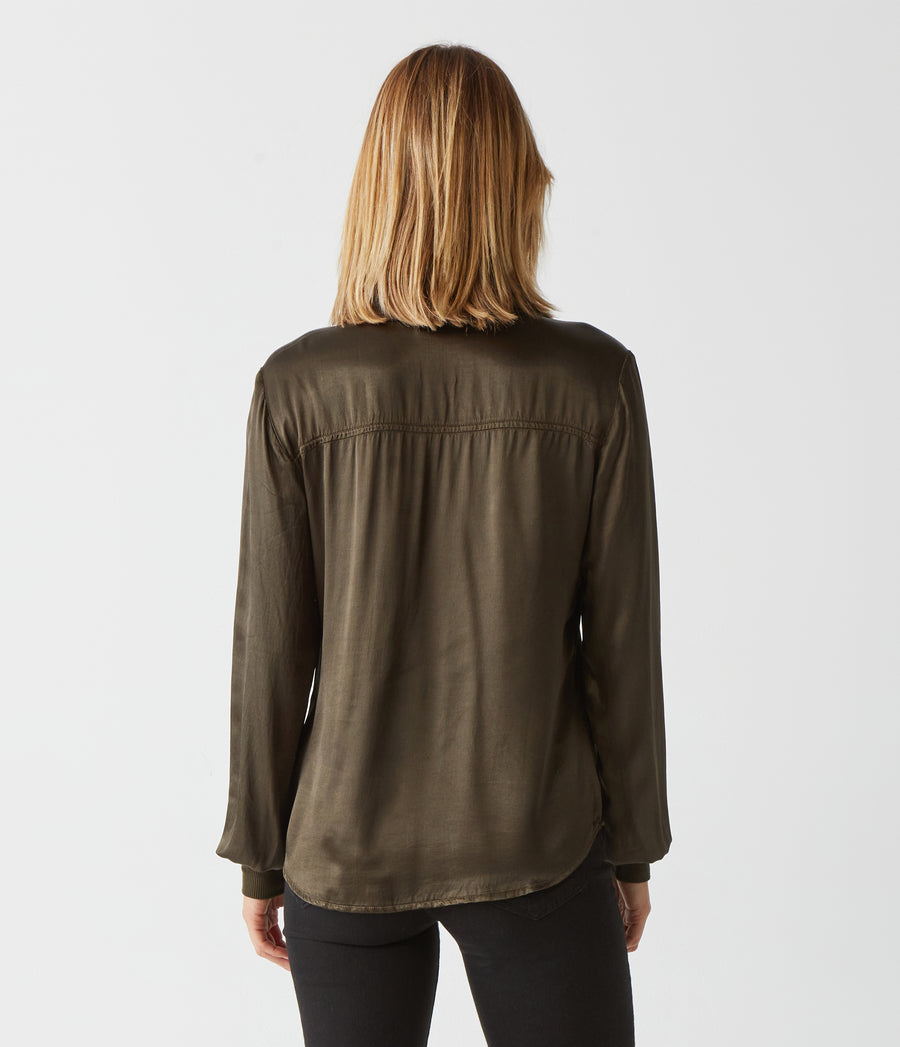 Meredith Satin Button Down Shirt in Dolma Green Back View #DOLMA