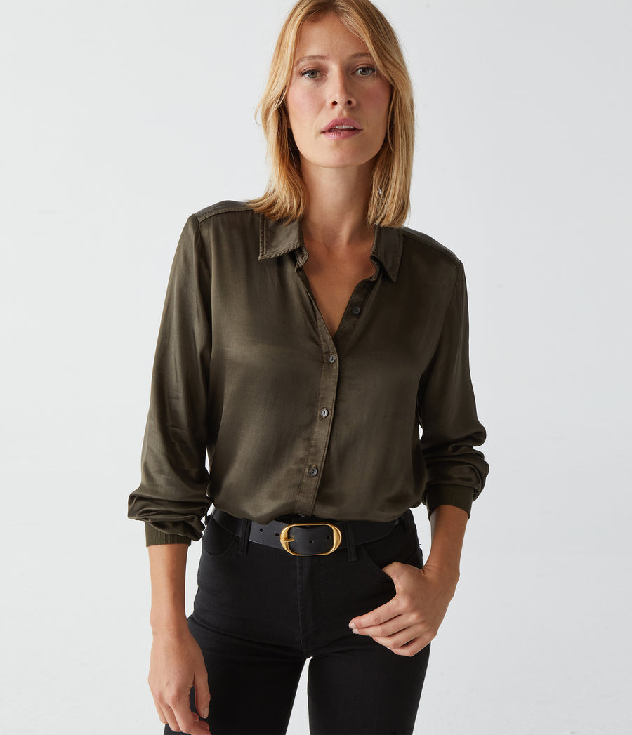 Meredith Satin Button Down Shirt in Dolma Green Close Up View #DOLMA