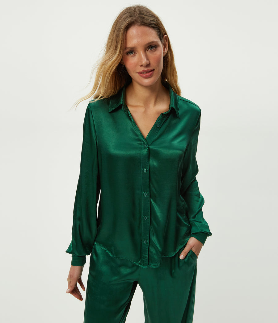 Meredith Satin Button Down Shirt in Emerald GREEN Close up View #EMERALD
