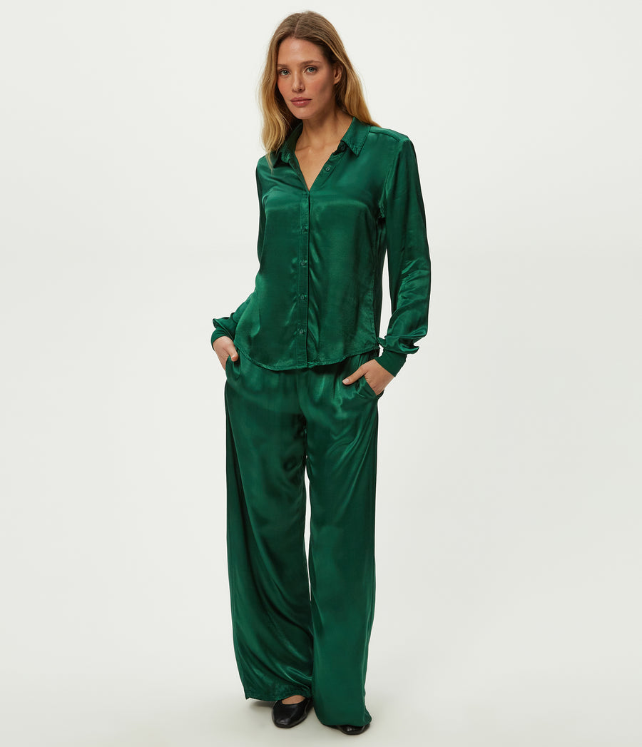Meredith Satin Button Down Shirt in Emerald GREEN Full Body View #EMERALD
