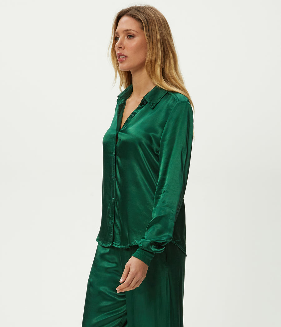 Meredith Satin Button Down Shirt in Emerald GREEN Side View #EMERALD