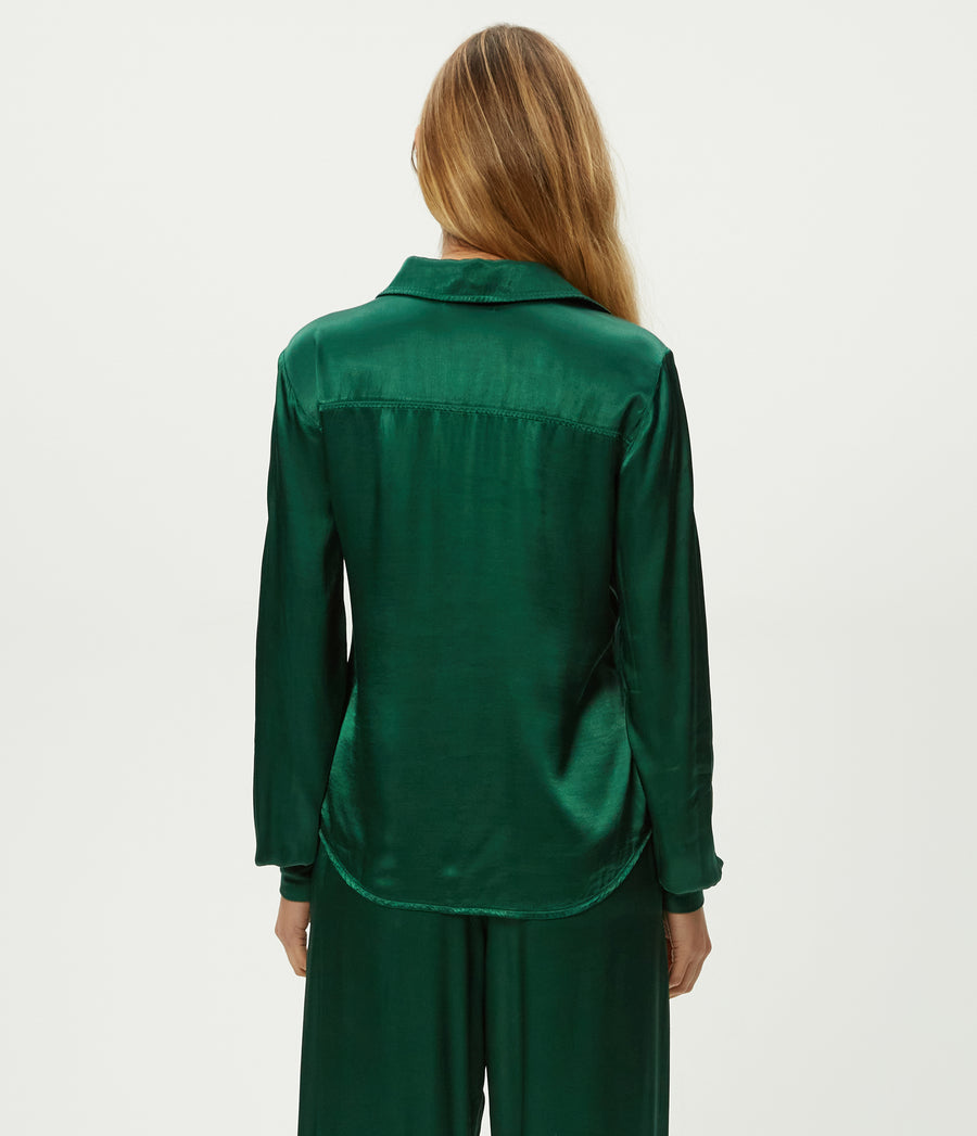 Meredith Satin Button Down Shirt in Emerald GREEN Back View #EMERALD