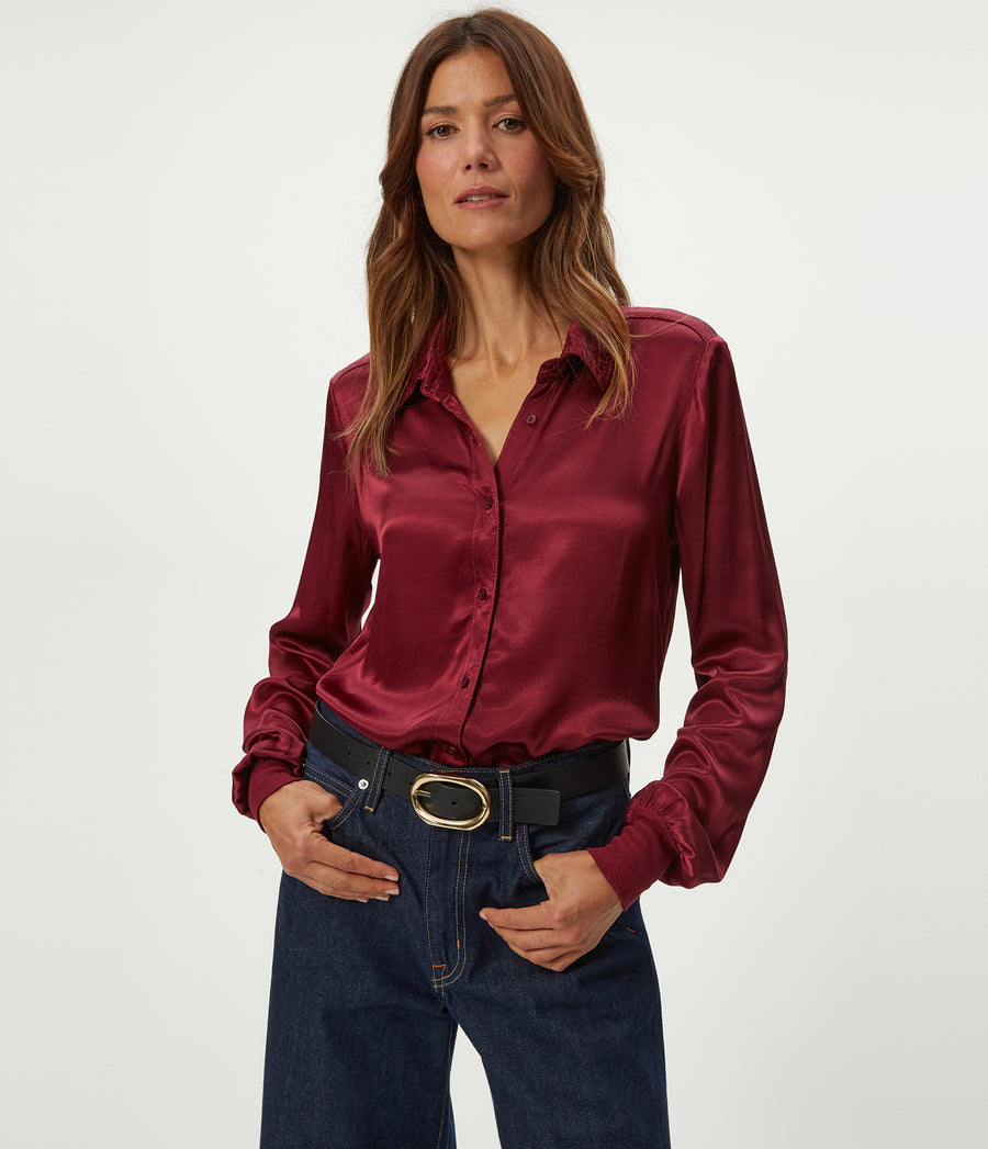 Meredith Satin Button Down Shirt in Garnet Red Close Up View #GARNET