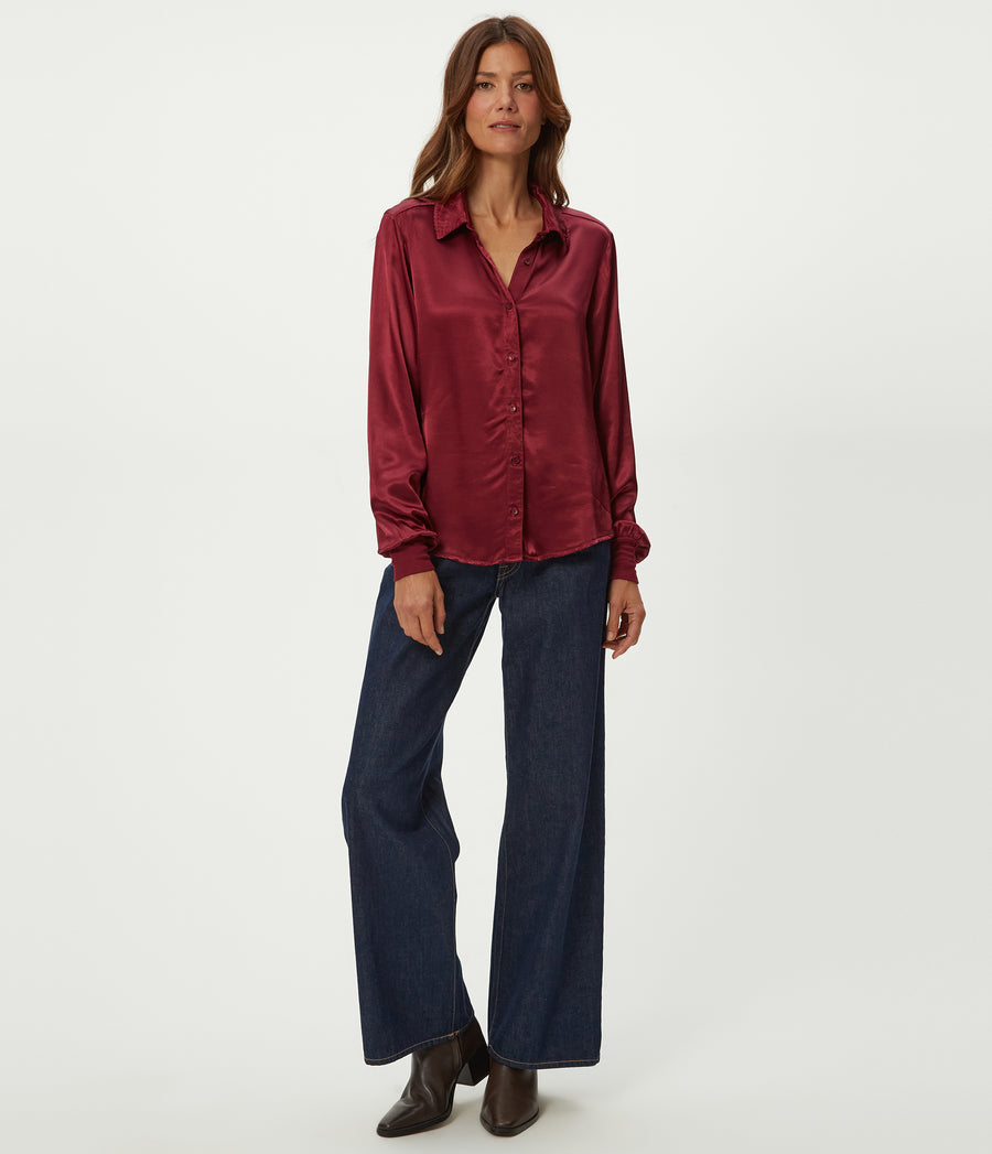 Meredith Satin Button Down Shirt in Garnet Red Full Body View #GARNET