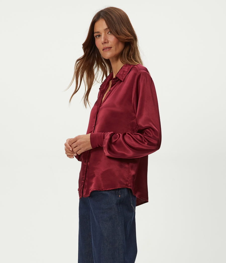 Meredith Satin Button Down Shirt in Garnet Red Side View #GARNET