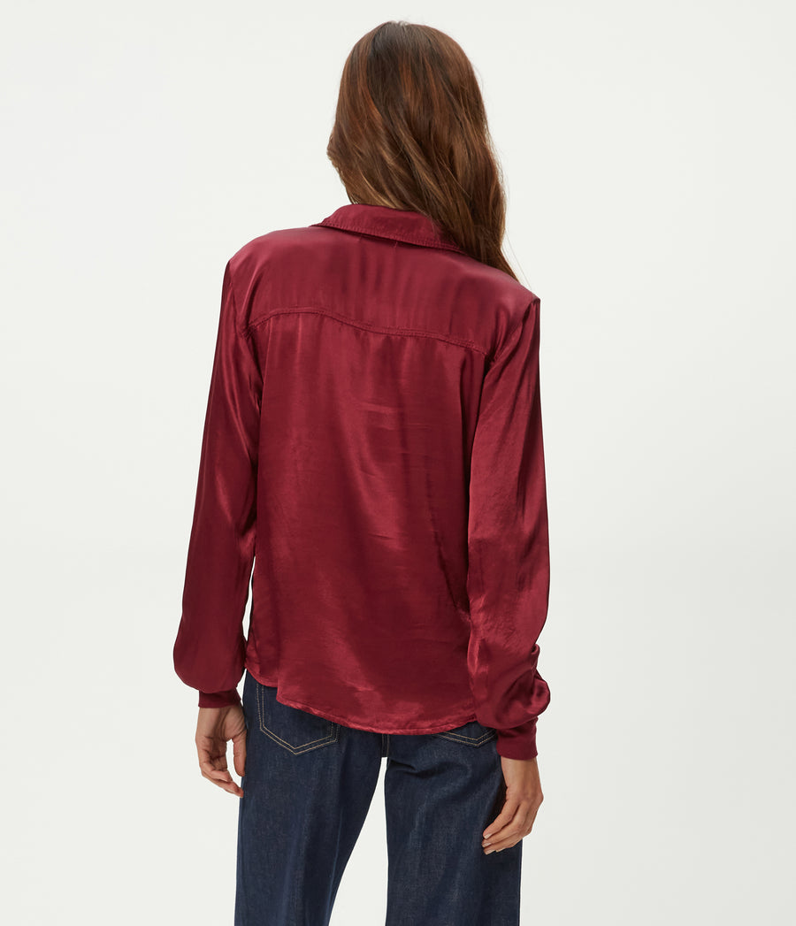 Meredith Satin Button Down Shirt in Garnet Red Back View #GARNET