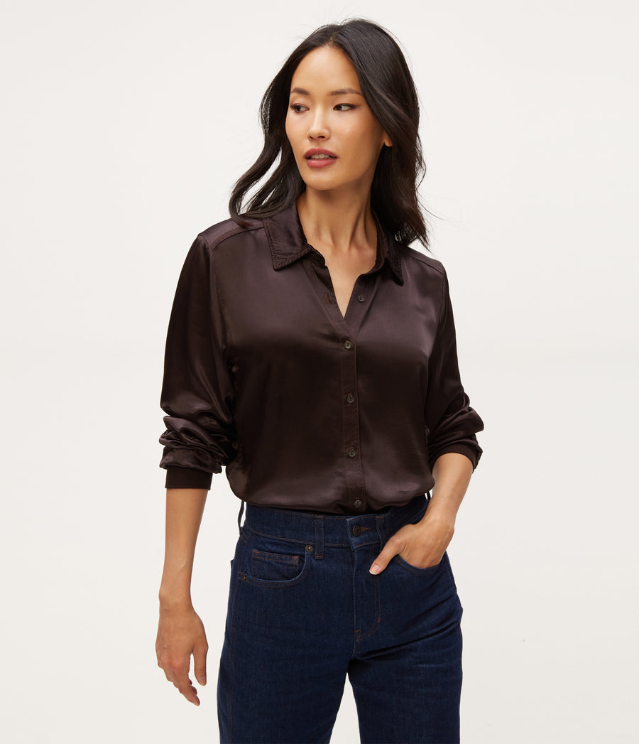 Meredith Satin Button Down Shirt in Java Brown Close Up View #JAVA